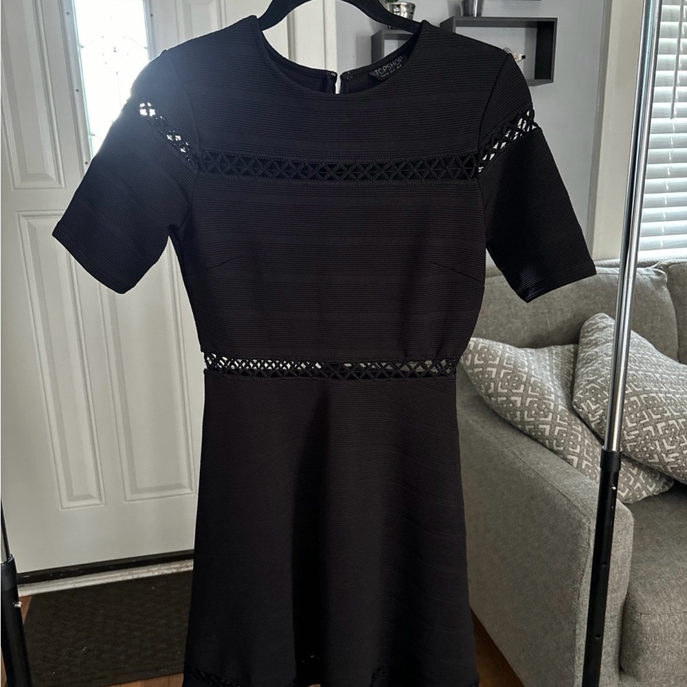 Topshop Openwork Inset Fit Flare Skater Dress Women 4 Stretch Mini Length Black